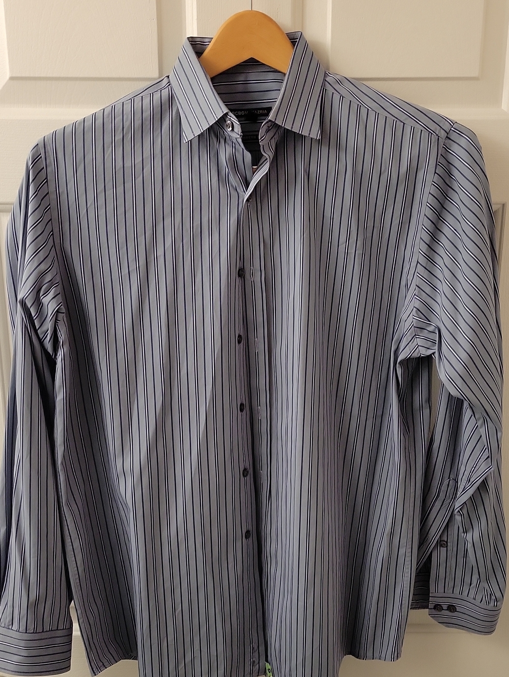 BCBGMaxAzria Men's Blue and White Vertical Stripe Dress Shirt